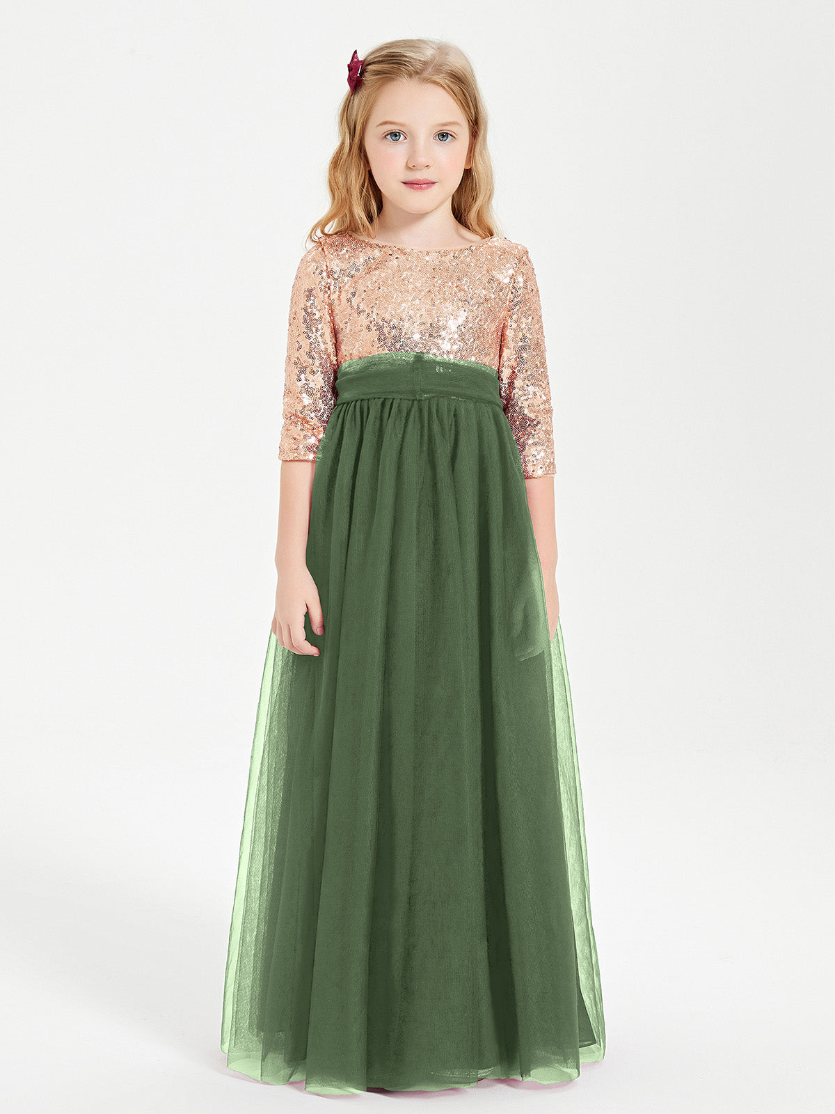 Sparkling Sequined Junior Bridesmaids Gown Olive Green